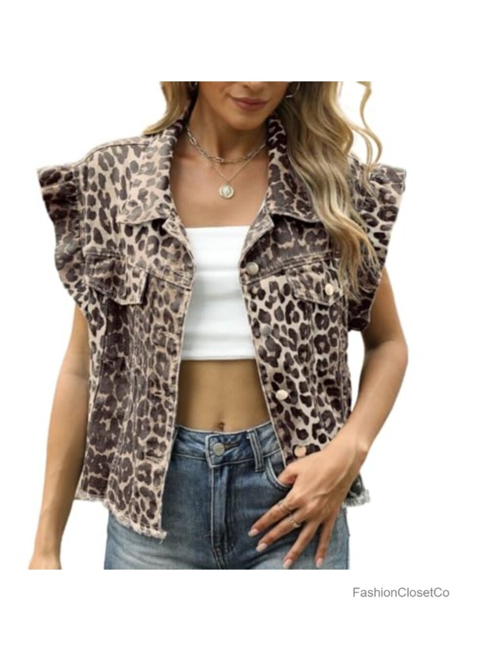 Women's Denim Crop Vest Ruffle Sleeve Collared Button Down Summer Casual Jacket